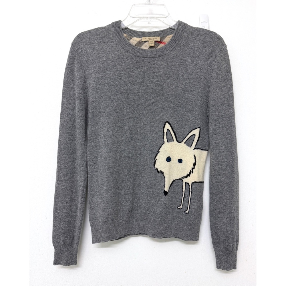 Burberry Brit Fox Wraparound Gray Crewneck Sweater Cashmere Wool Animal Print S - Picture 2 of 15